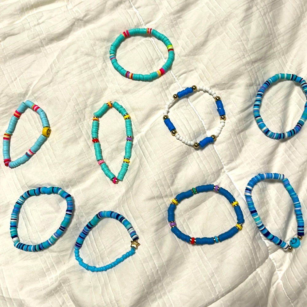 Blue Bracelet set. 9 bracelets hand made. Very strechy